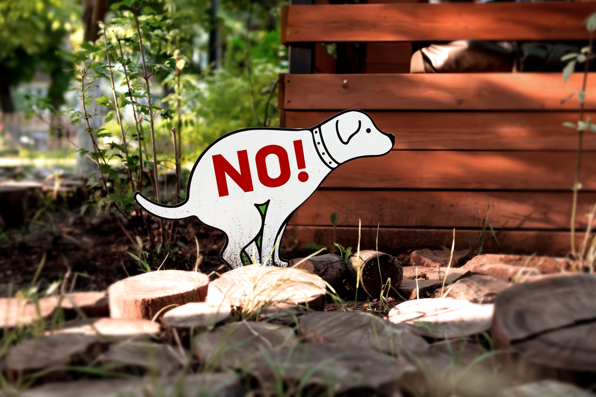 A wooden figure of a white dog, with the inscription " NO!" in the park, informing owners walking their dog to take their pets' poop. The concept of cleaning dog droppings. Garbage collection.